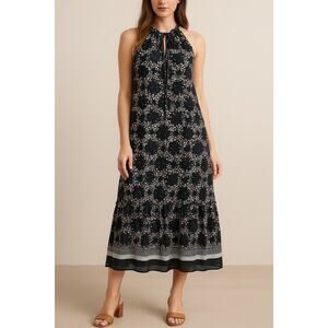 M.S.S.P. Max Studio Women’s XL Black Floral Sleeveless Midi Dress Ruffle Hem